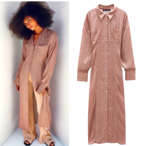 Zara Satin Effect Floral Print Button Front Maxi Shirt Dress Long Sleeve - Picture 4 of 13